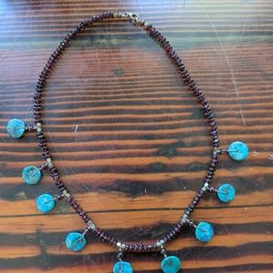 Turquoise Disc & Garnet Bead Necklace – Boho Gemstone Dangle Design